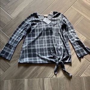 Black & Gray Plaid Sweater with Side Tie